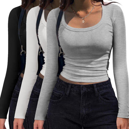 Women's Long Sleeve Scoop Neck Shirt Slim Fit Rib Knit Top