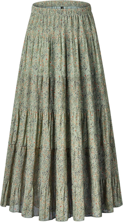 Chiffon Maxi Skirt for Women - High Waist Pleated A-Line Flared Long Skirt Green Floral B