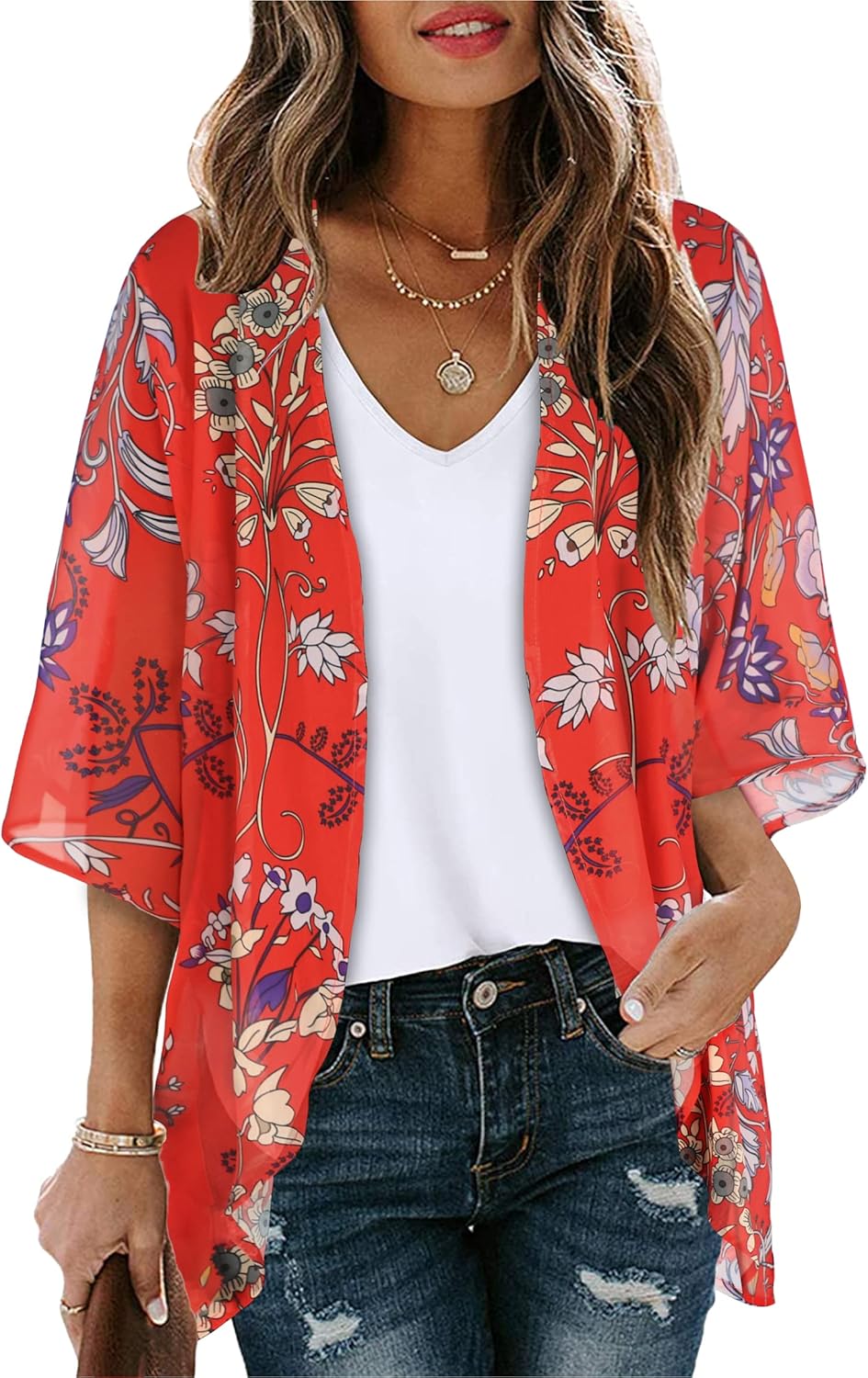 Floral Print Kimono Cardigan Women Puff Sleeve Cover Up Casual Blouse Loose Top Aa Boho Red