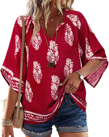 Big & Tall Clothing - Women's 3/4 Sleeve V-Neck Bohemian Peasant Blouse Loose Fit Tunic Top Multi Wine