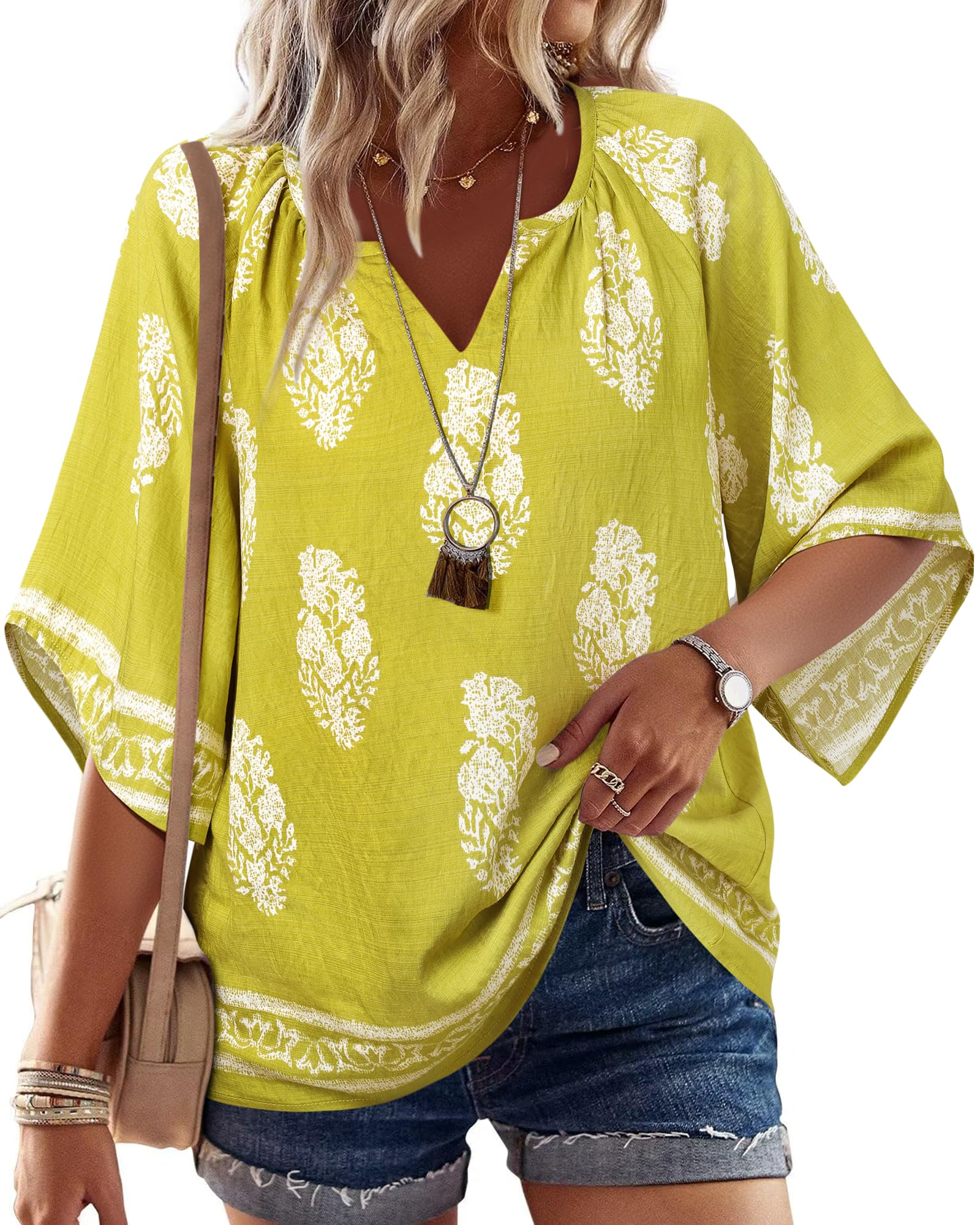 Big & Tall Clothing - Women's 3/4 Sleeve V-Neck Bohemian Peasant Blouse Loose Fit Tunic Top