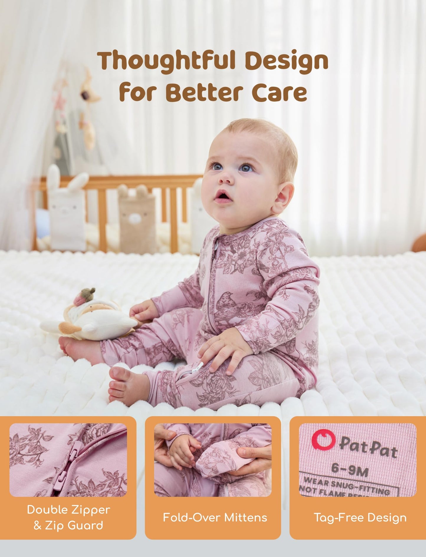 PATPAT Baby Footie Pajamas - Premium Tencel Lyocell & Wool Romper with 2-Way Zipper