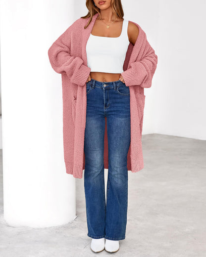 Women's Long Cardigan Sweater - Open Front Oversized Knit Coat with Pockets