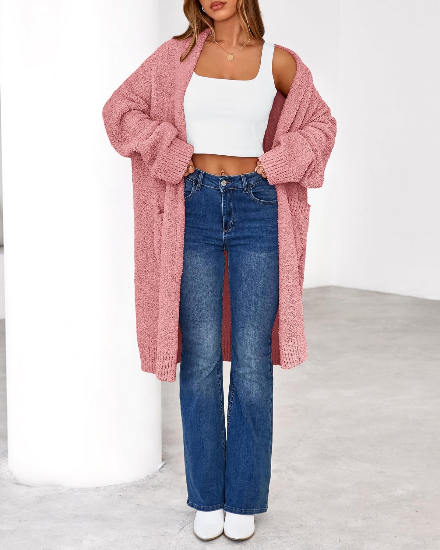 Women's Long Cardigan Sweater - Open Front Oversized Knit Coat with Pockets