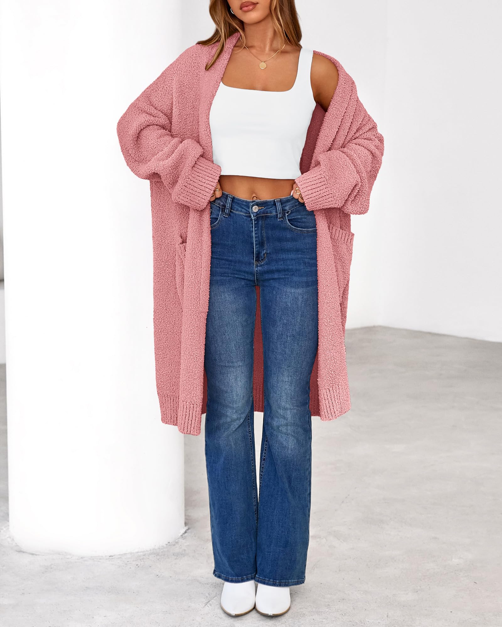 Women's Long Cardigan Sweater - Open Front Oversized Knit Coat with Pockets