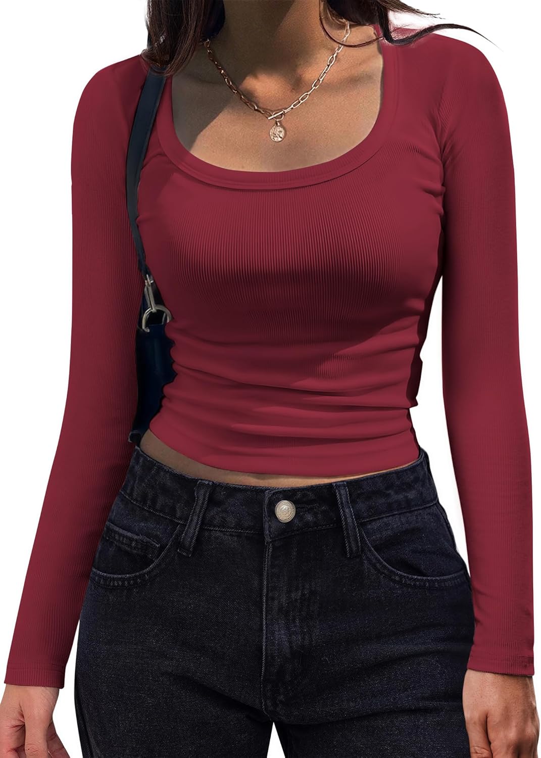 Women's Long Sleeve Scoop Neck Shirt Slim Fit Rib Knit Top
