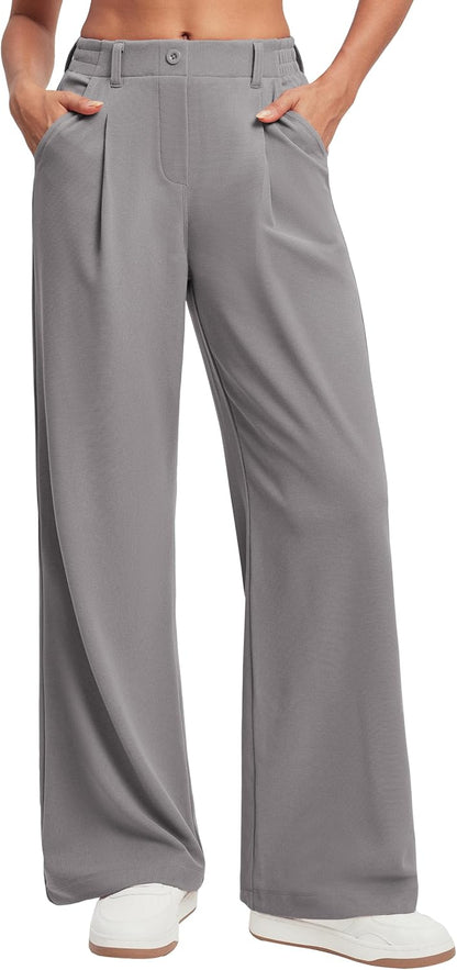 Women's Wide Leg Work Pants - Stretchy Pull-On Business Casual Trousers with Pockets X-Large Mink Ash- 26'' Petite