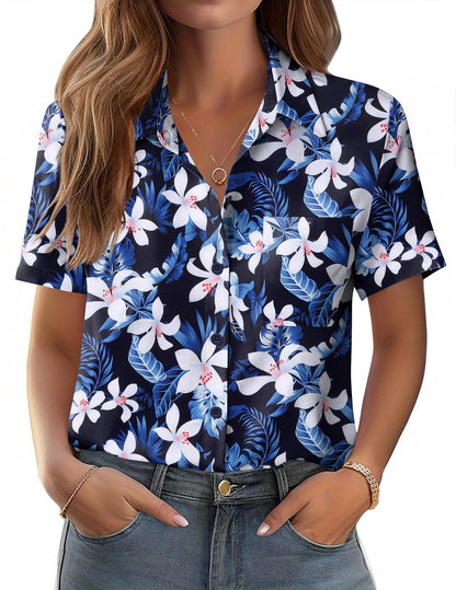 Polyester Blouse - Women's Button Down Shirt Short Sleeve Business Casual Blouse with Chest Pocket