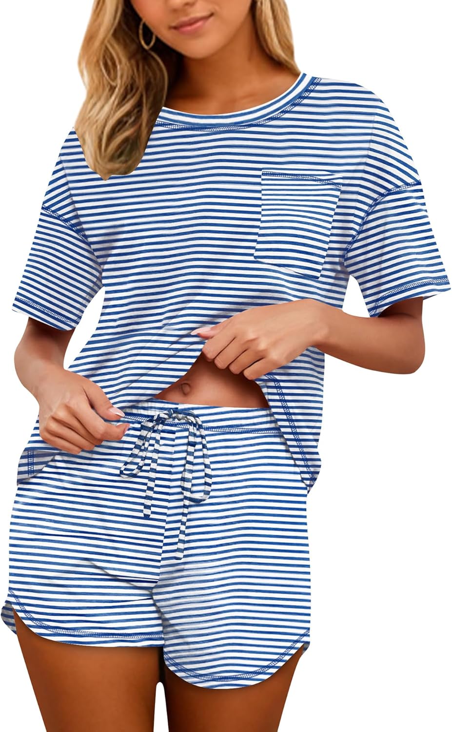 Women's Cotton Pajama Set - Short Sleeve Top and Shorts Sleepwear Lounge Set Medium Strped Blue