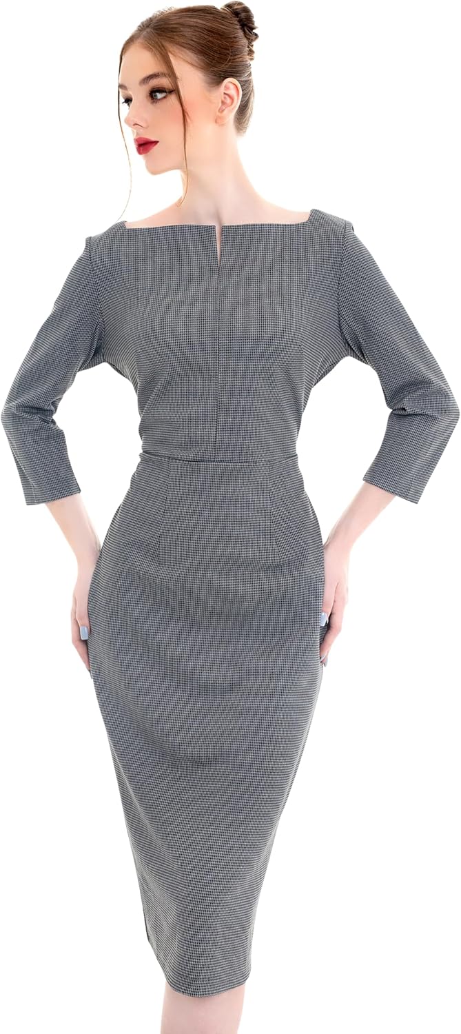 Work Office Business Dress - Square Neck Sheath Midi Dress with Long Sleeves