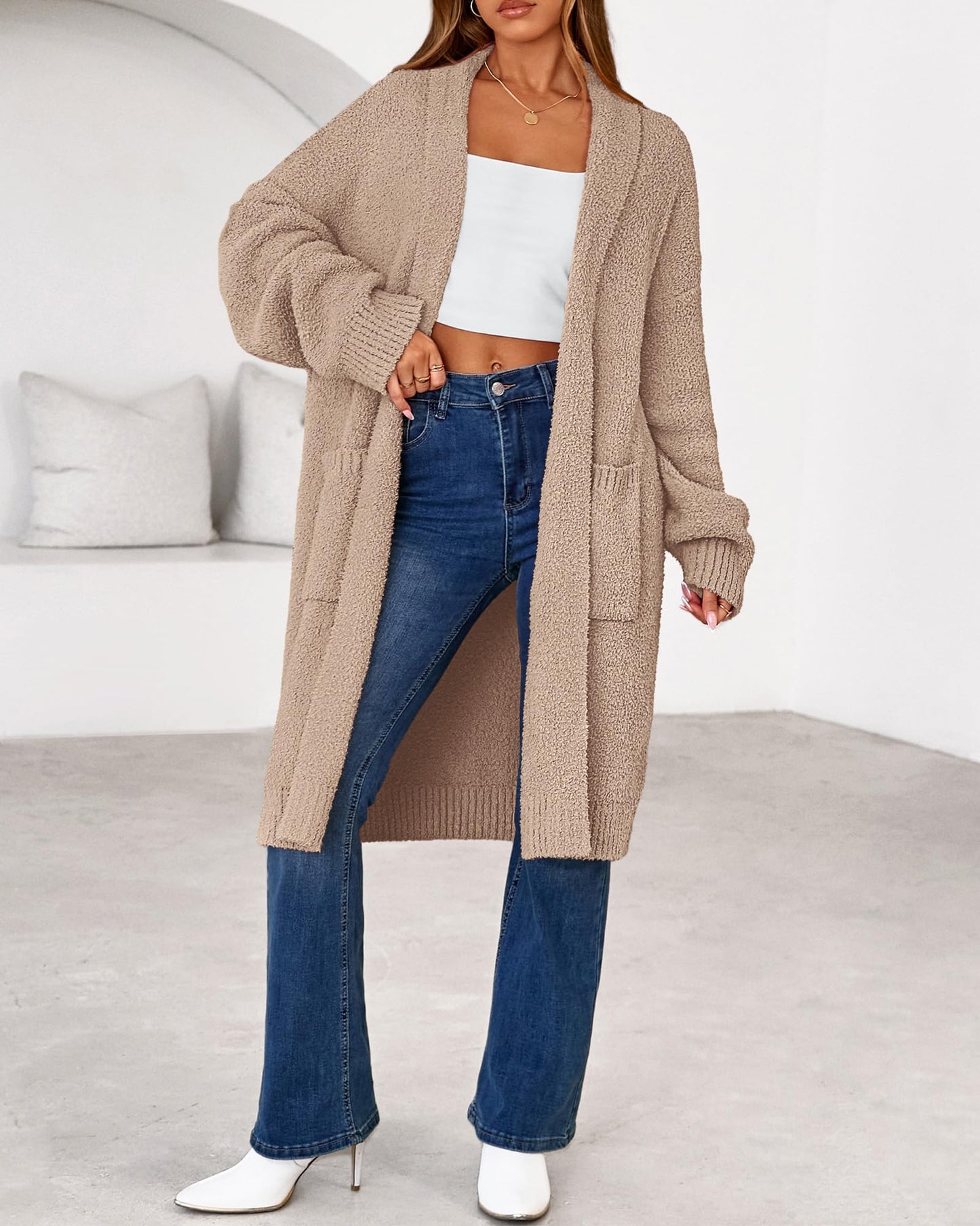 Women's Long Cardigan Sweater - Open Front Oversized Knit Coat with Pockets