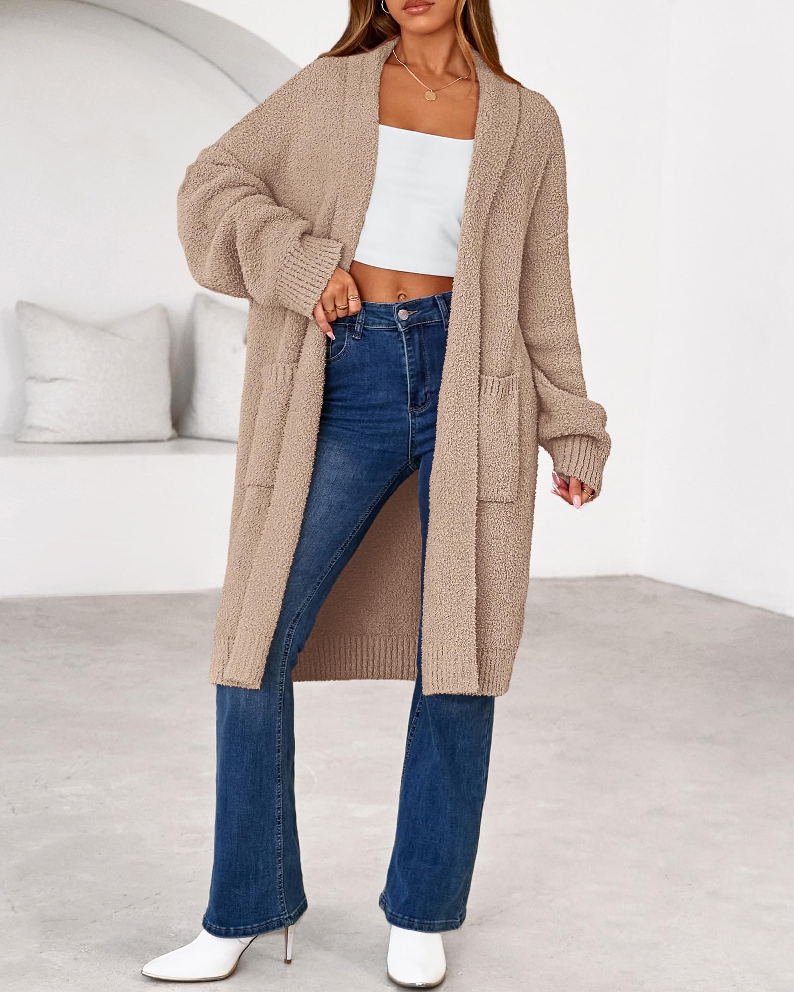 Women's Long Cardigan Sweater - Open Front Oversized Knit Coat with Pockets