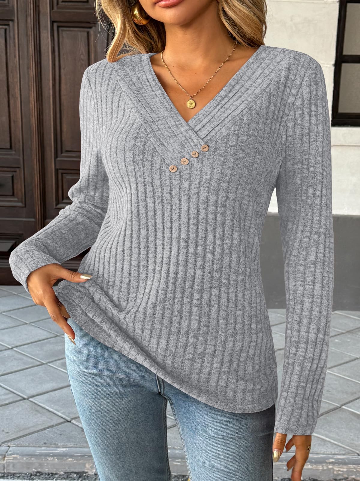 Women's Long Sleeve V Neck Tunic Tops - Dressy Casual Work Blouse Sweater