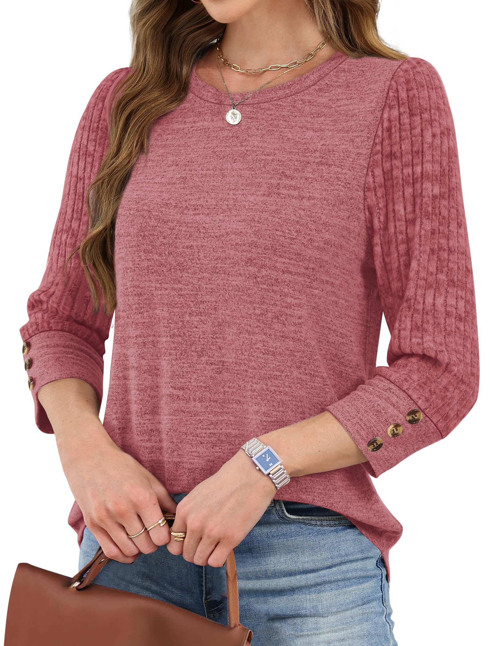 Women's Long Sleeve Shirts - Lightweight 3/4 Sleeve Sweaters with Buttons