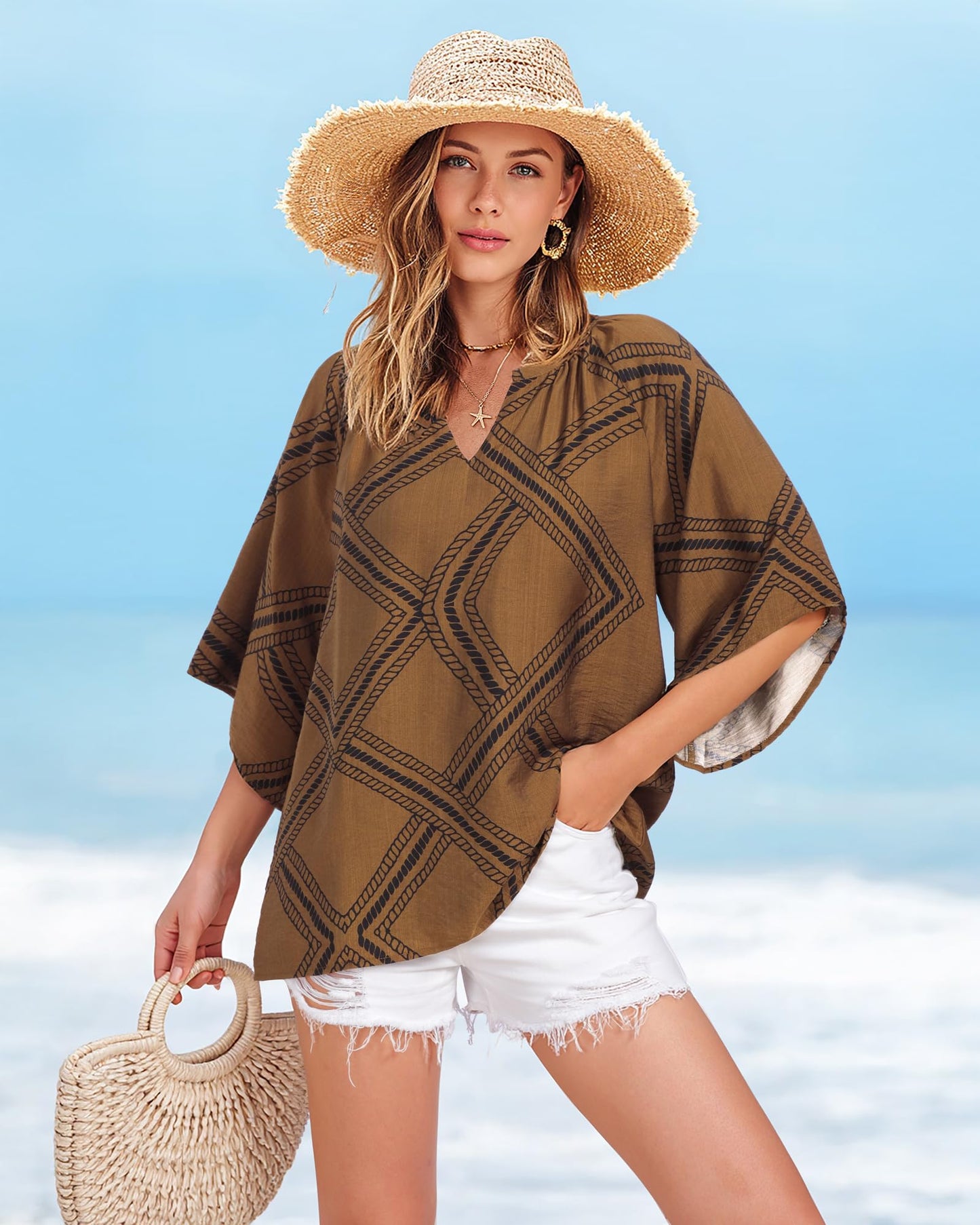 Big & Tall Clothing - Women's 3/4 Sleeve V-Neck Bohemian Peasant Blouse Loose Fit Tunic Top