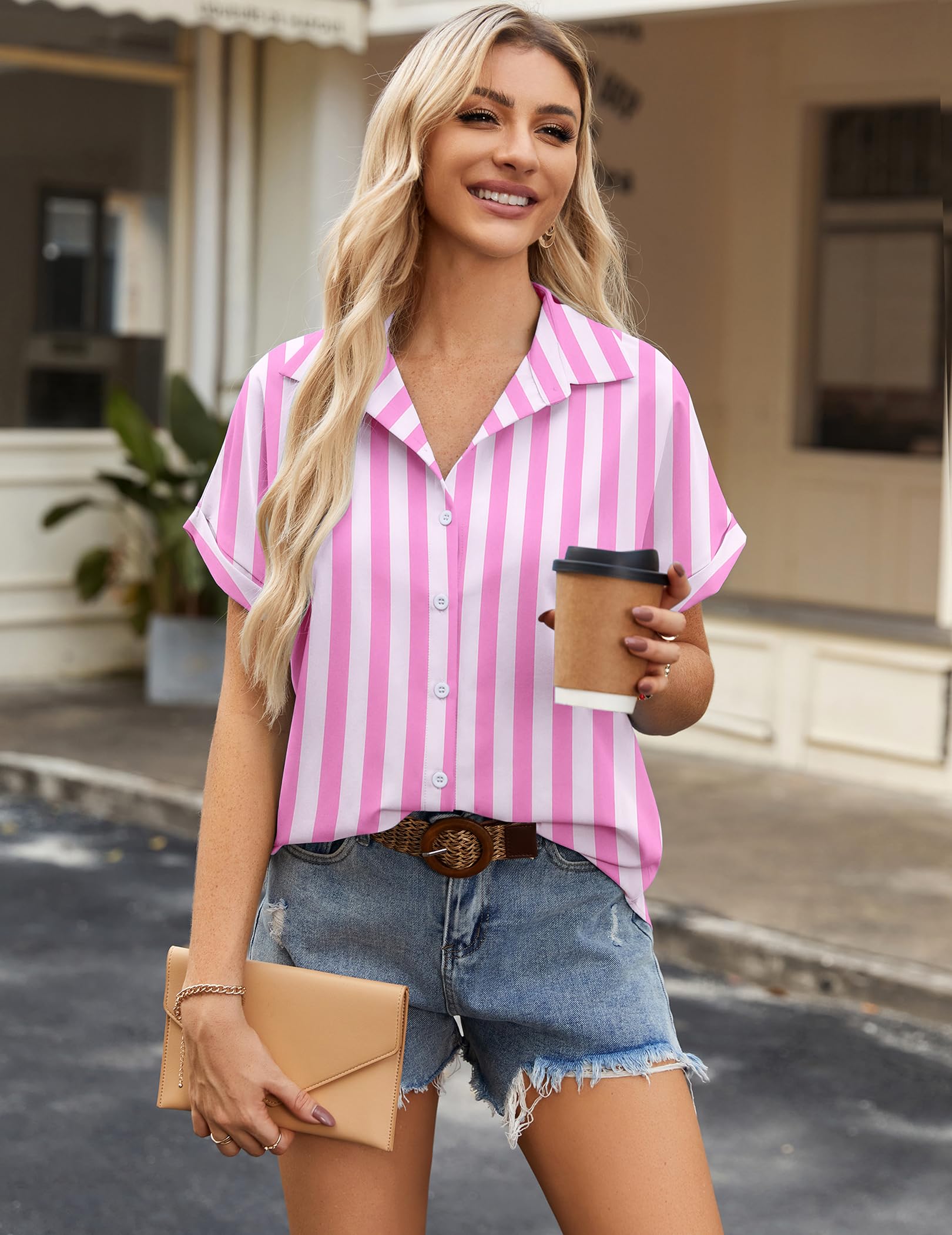Women's Short Sleeve Button Down Shirt - Summer V-Neck Blouse for Work and Casual