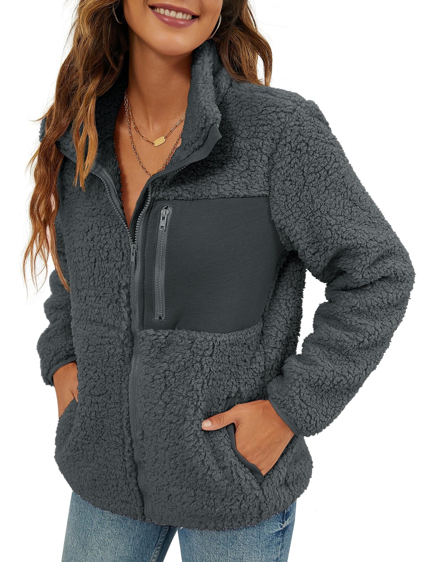 VVK Women's Fashion Faux Shearling Shaggy Full Zip Coats Warm Winter Patchwork Jackets with Pocket