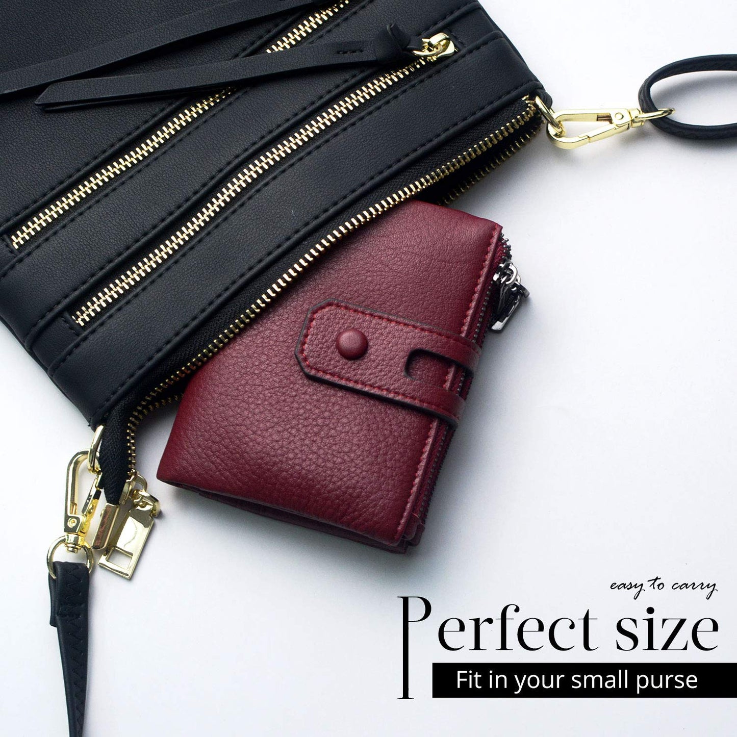 Women Leather Wallet - Small RFID Blocking Card Holder with Double Zipper