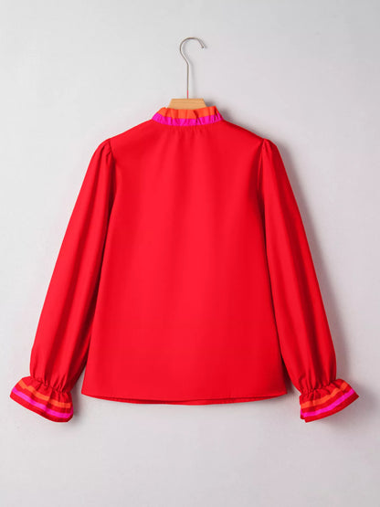 Striped Trim Ruffle Split Neck Long Sleeve Blouse