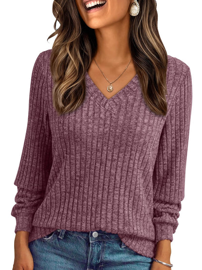 V Neck Long Sleeve Sweater for Women - Loose Fit Tunic Top for Fall & Winter Burgundy