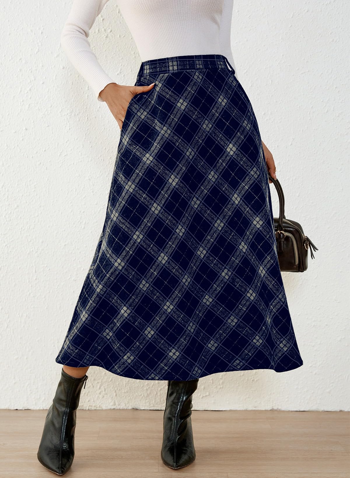 Women's Plaid Skirts - High Waist A-Line Midi Tartan Skirt with Pockets