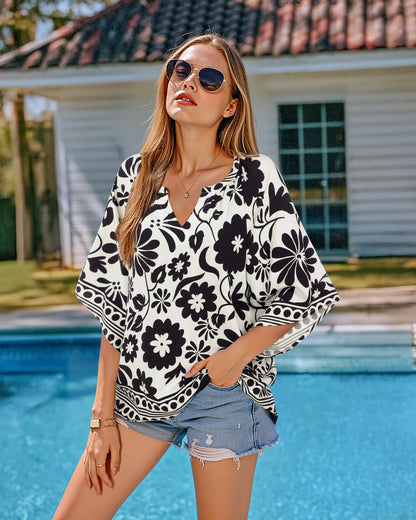 Big & Tall Clothing - Women's 3/4 Sleeve V-Neck Bohemian Peasant Blouse Loose Fit Tunic Top