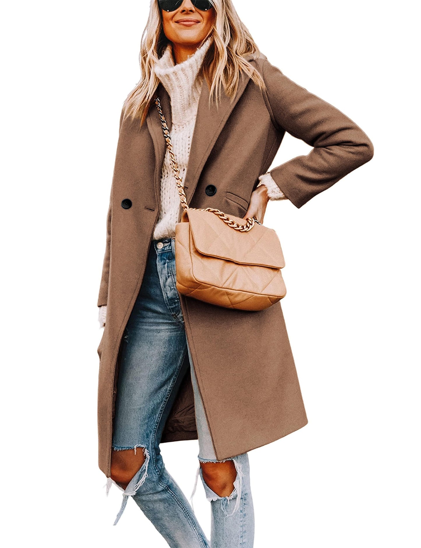 Wool Blend Pea Coat - Double Breasted Mid Length Trench Coat for Women