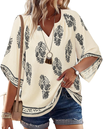 Big & Tall Clothing - Women's 3/4 Sleeve V-Neck Bohemian Peasant Blouse Loose Fit Tunic Top