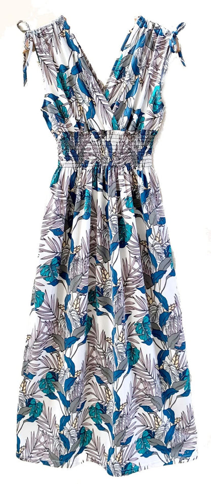 Smocked Maxi Dress - V Neck Exotic Print Dress for Maternity & Plus Size Tropical Palm - White