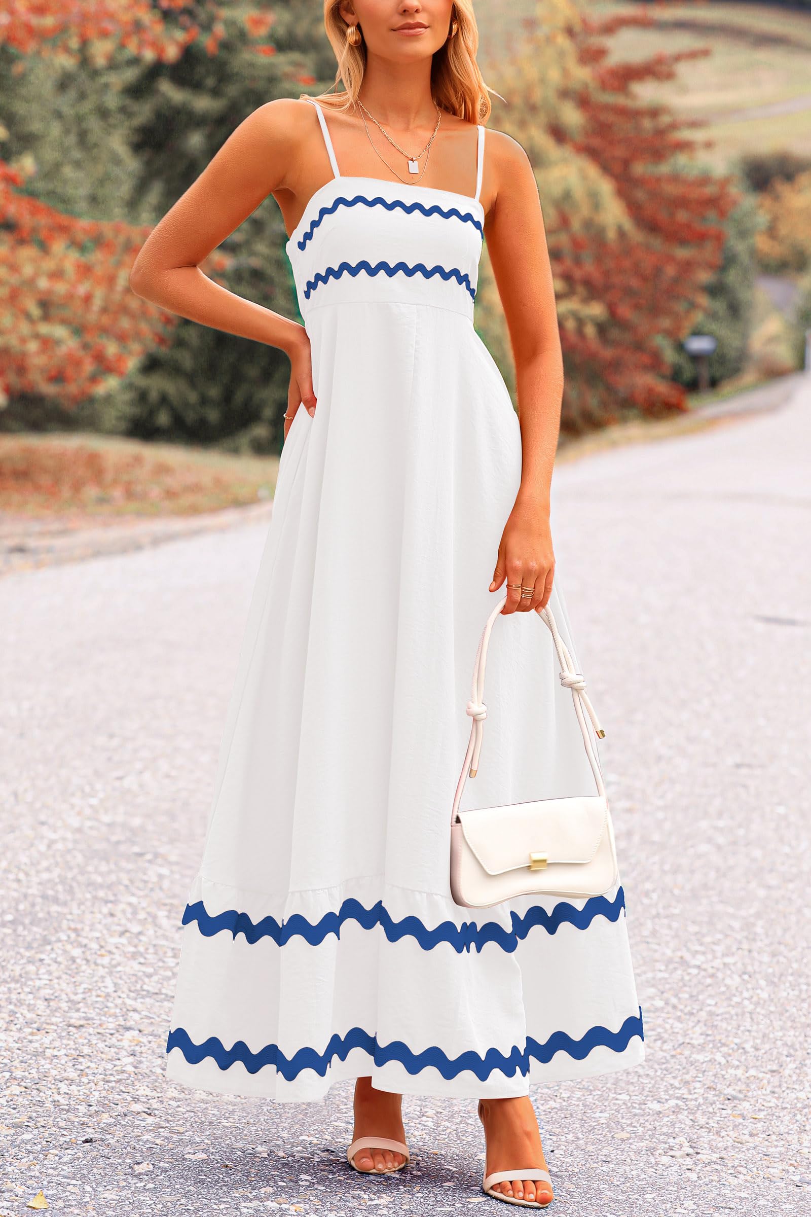 Blue Casual Dresses - Women's Sleeveless Spaghetti Strap Maxi Dress - Flowy Beach Ruffle