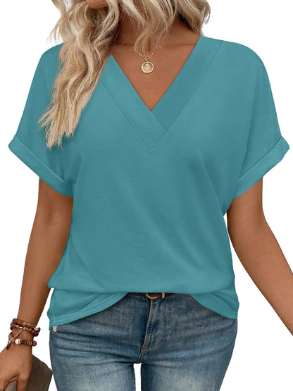 Womens Summer Tops V Neck Short Sleeve Shirts Casual Dolman Sleeve Fashion Blouse