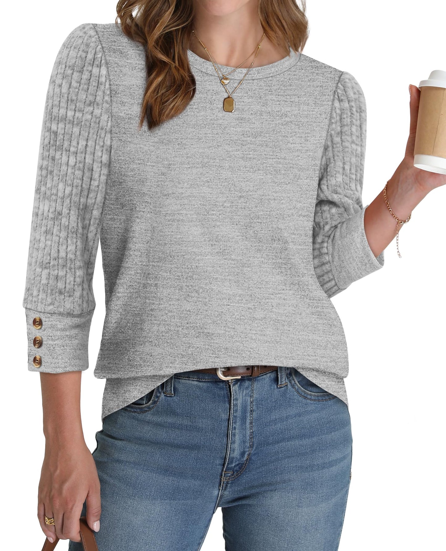 Women's Long Sleeve Shirts - Lightweight 3/4 Sleeve Sweaters with Buttons