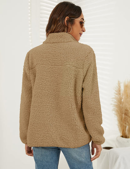 VVK Women's Fashion Faux Shearling Shaggy Full Zip Coats Warm Winter Patchwork Jackets with Pocket