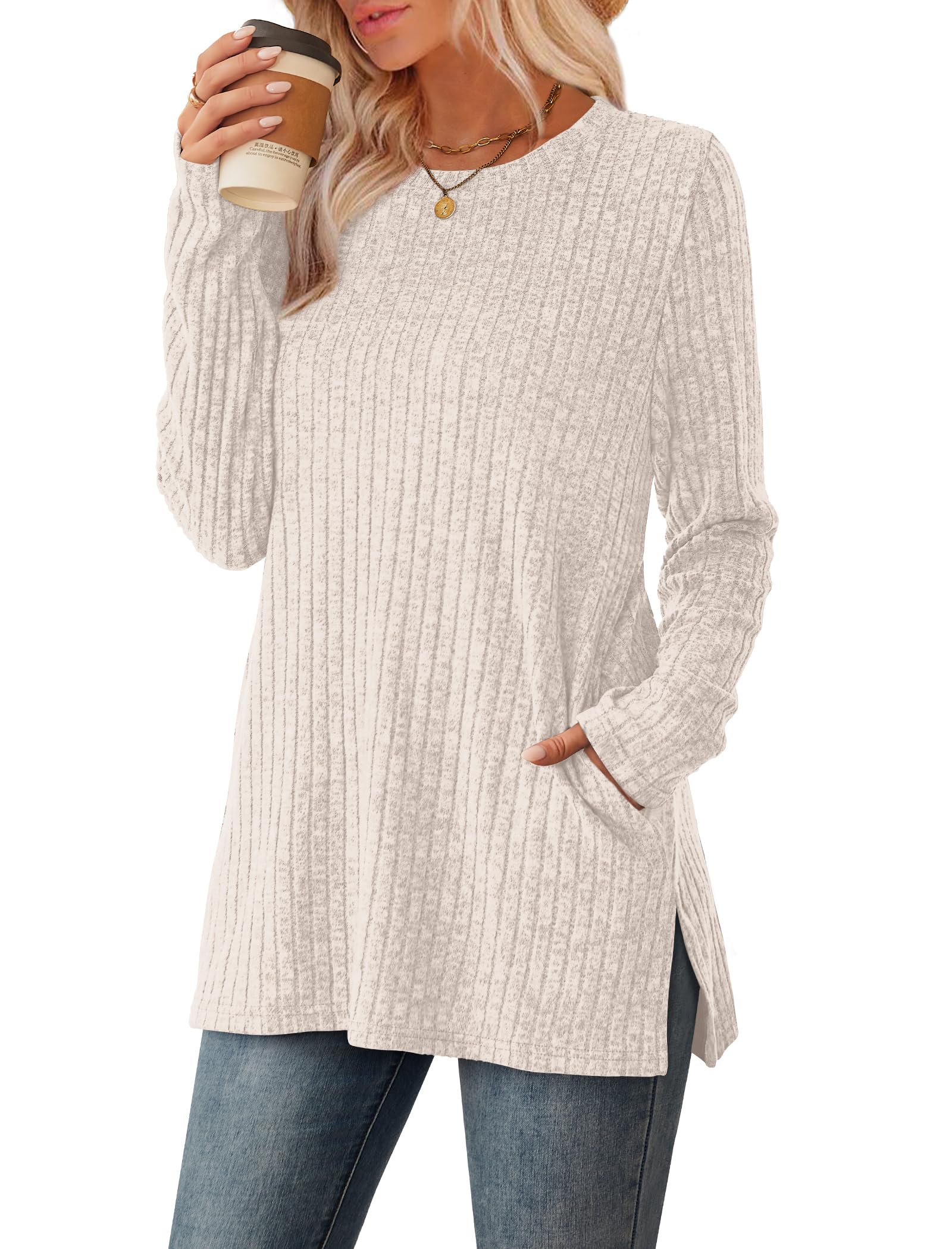 Women's Crewneck Sweater with Pockets - Long Sleeve Tunic Top with Side Slits