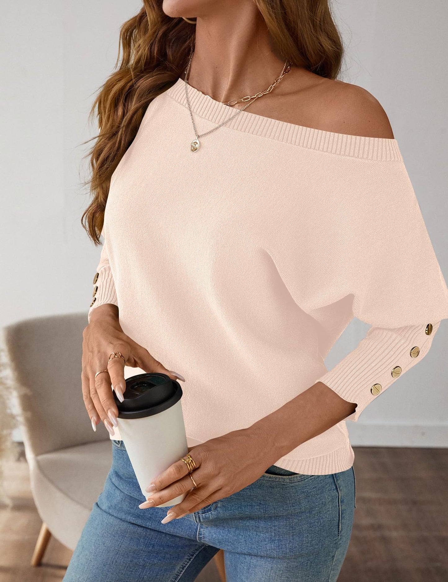 Women's Off The Shoulder Sweater - Oversized Knit Batwing Sleeve Pullover