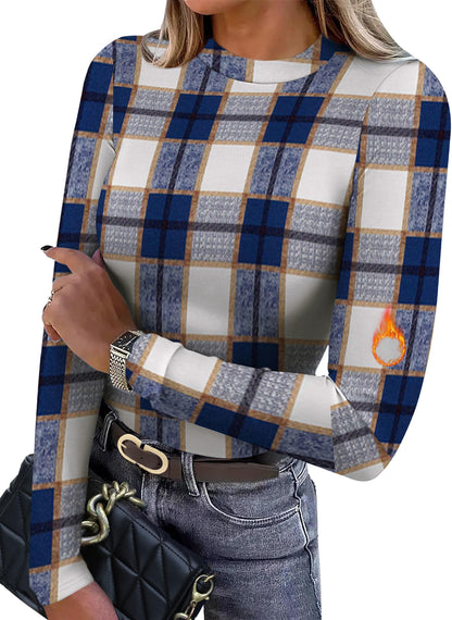 Women's Long Sleeve Thermal Shirt - Fleece Mock Neck Slim Fit Top F-blue Grid