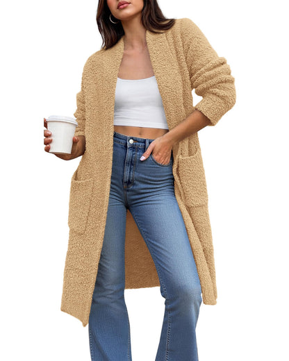 Women's Long Cardigan Sweater - Open Front Oversized Knit Coat with Pockets Khaki