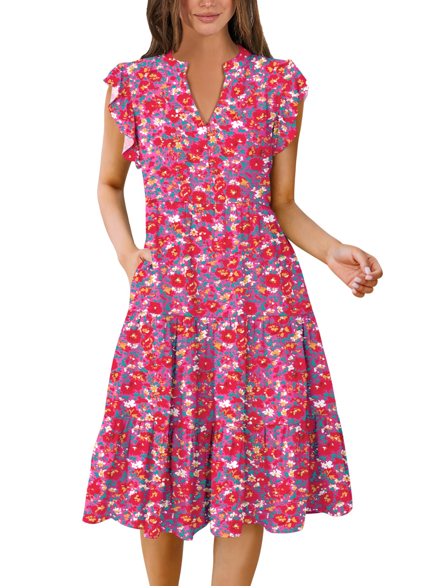 Blue Casual Dresses - Women's Summer Midi Dress - Ruffle Sleeve V-Neck Boho Beach Dress Red Floral