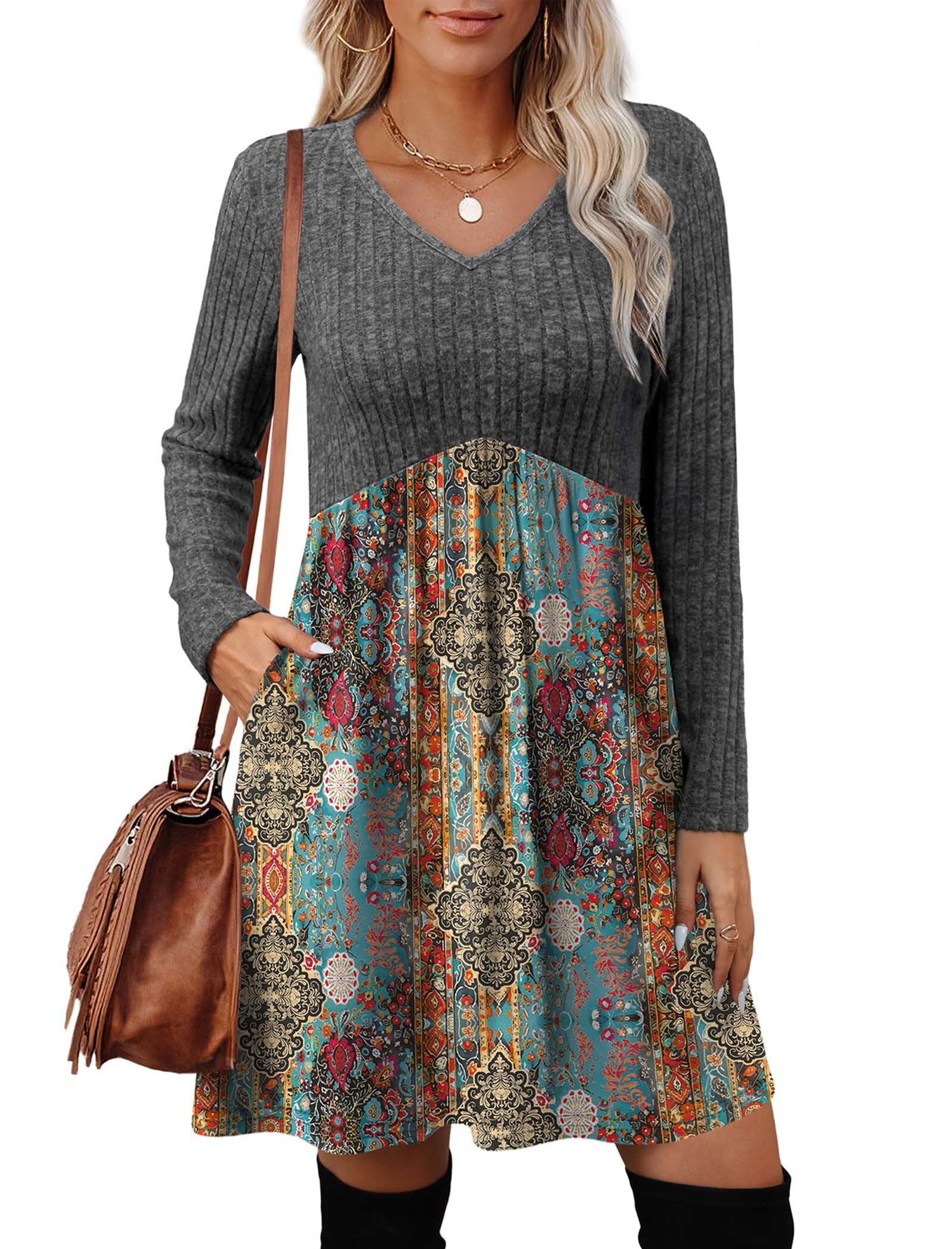 Women's Long Sleeve Sweater Dress - V Neck Empire Waist Babydoll Dress with Pockets