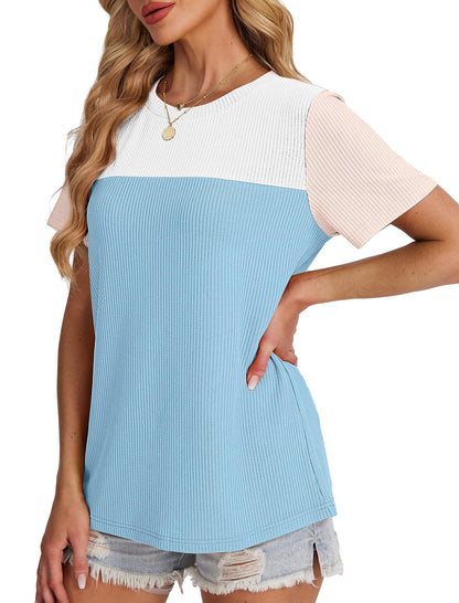 Women's Color Block Knit Shirt Short Sleeve Crewneck Top