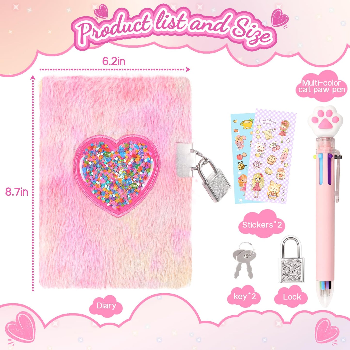 Girls Heart Diary with Lock and Keys - Cute Plush Secret Journal Notebook Gift Ages 6-8