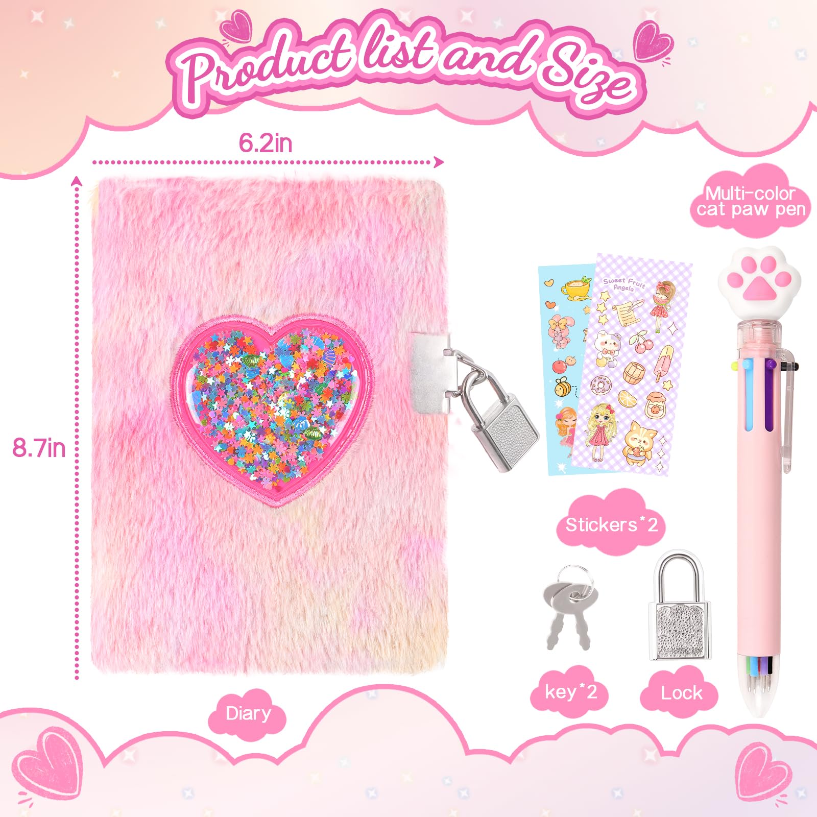 Girls Heart Diary with Lock and Keys - Cute Plush Secret Journal Notebook Gift Ages 6-8