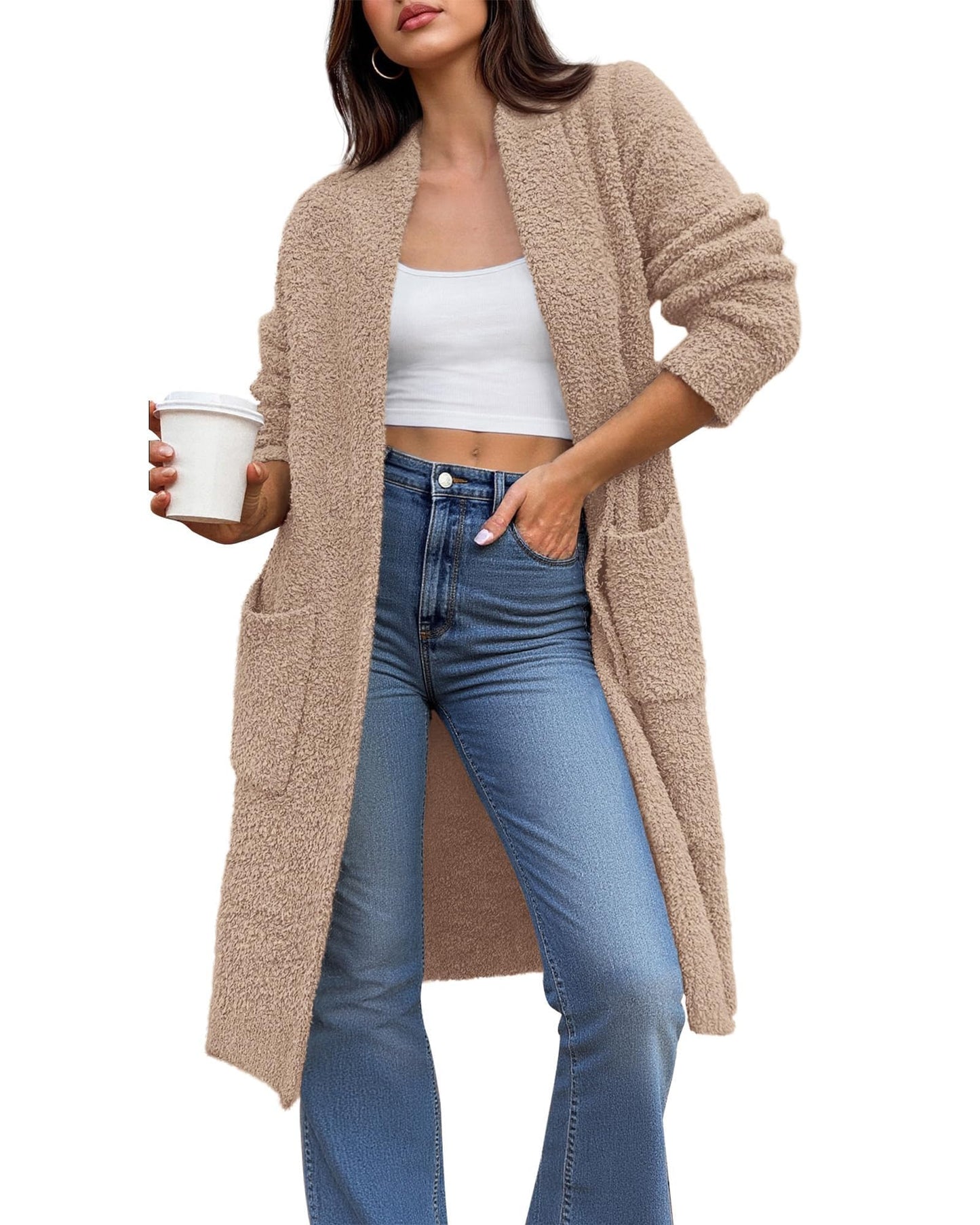 Women's Long Cardigan Sweater - Open Front Oversized Knit Coat with Pockets Camel