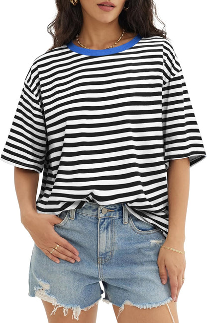 Women's Oversized T Shirts - Loose Fit Crewneck Short Sleeve Casual Tops Striped (Black & White)