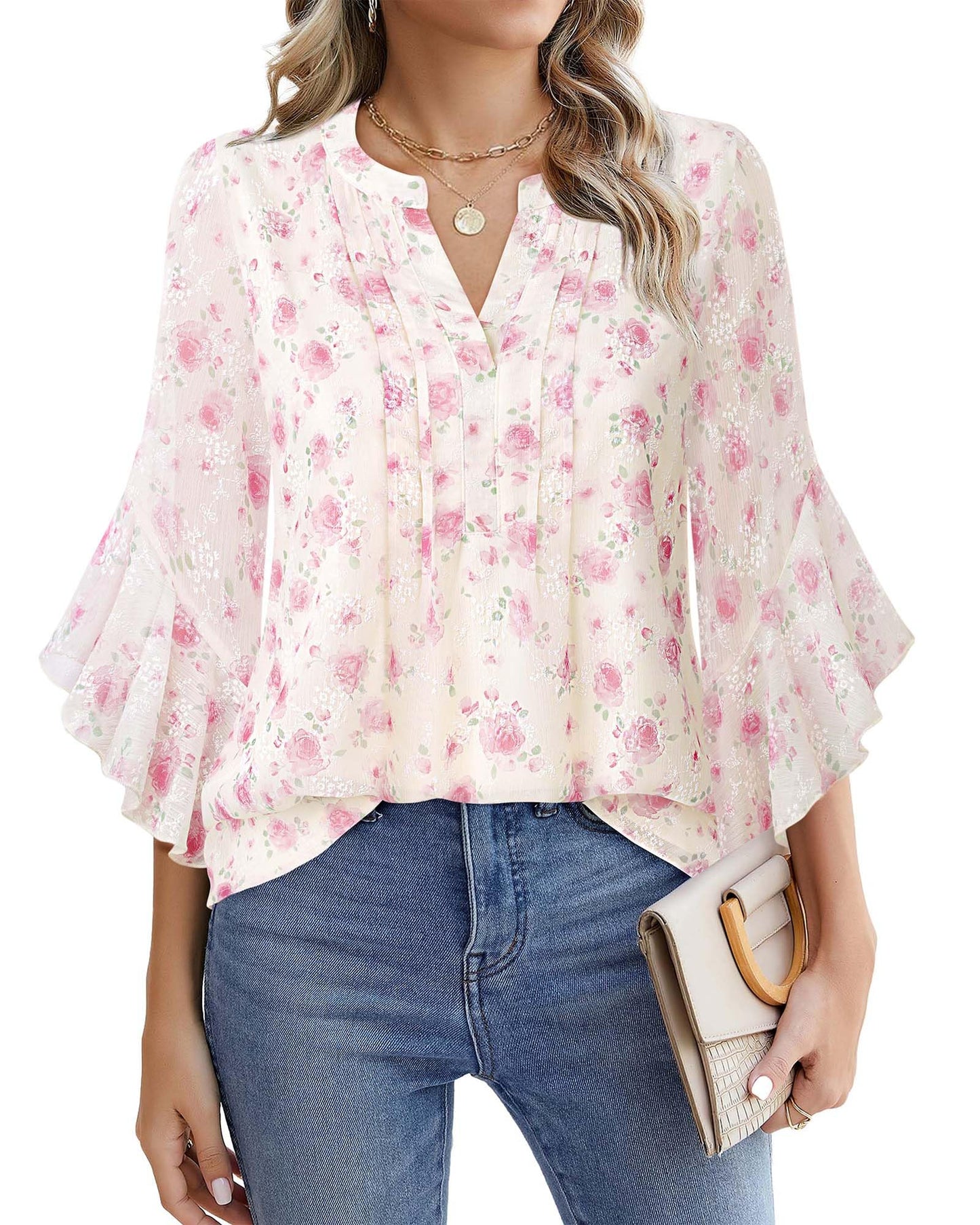Beautiful Blouses For Ladies - Women's 3/4 Sleeve Chiffon Blouse Dressy Business Casual Work Shirt Red Rose
