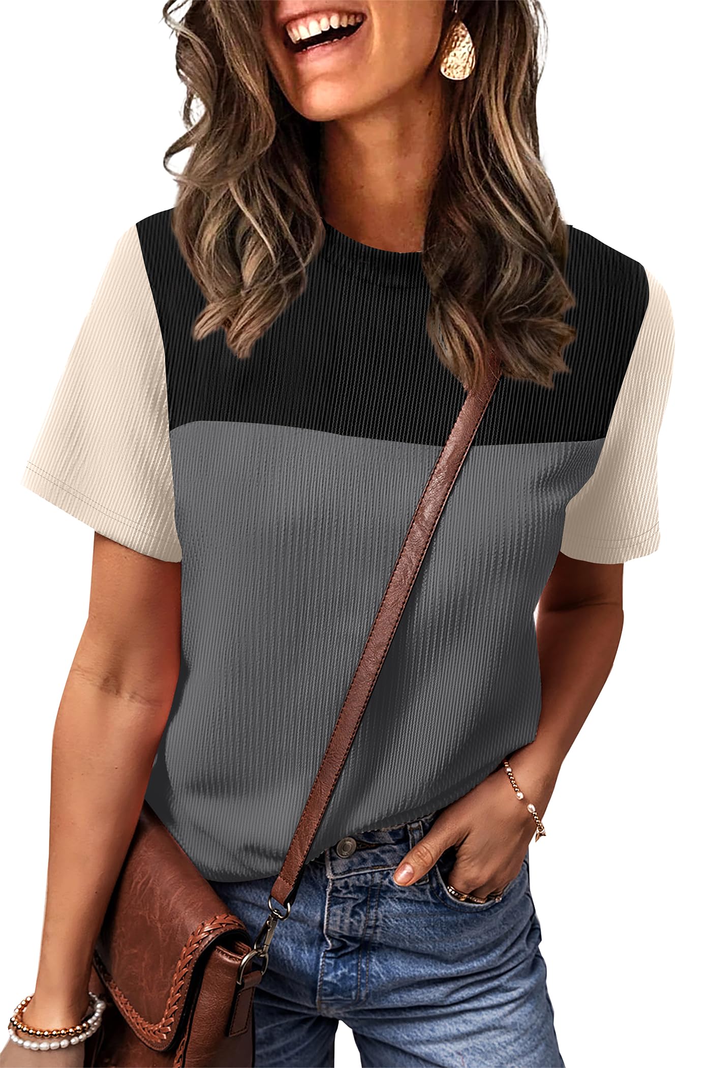 Women's Color Block Knit Shirt Short Sleeve Crewneck Top