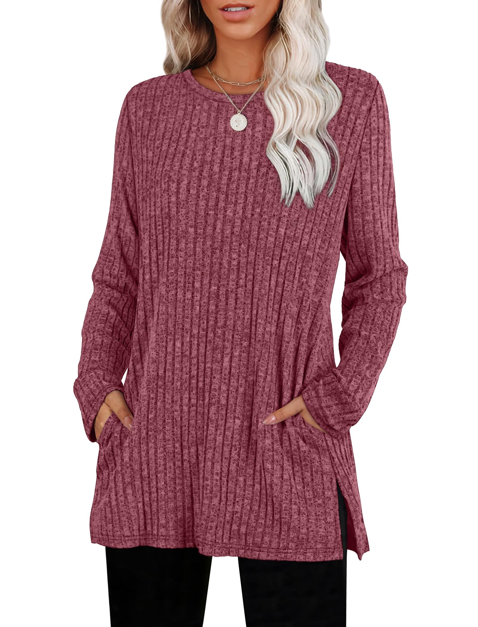 Women's Crewneck Sweater with Pockets - Long Sleeve Tunic Top with Side Slits