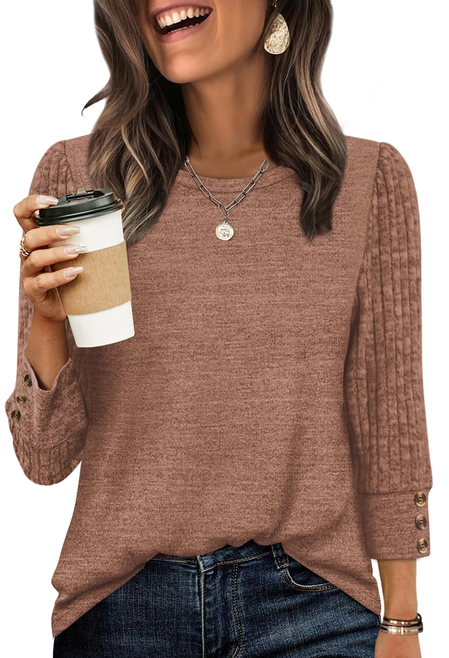 Women's Long Sleeve Shirts - Lightweight 3/4 Sleeve Sweaters with Buttons 05-chocolate Brown