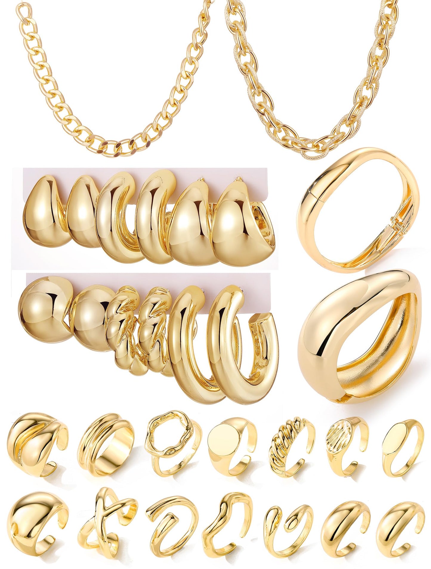 Women's Accessories - 36-Piece Gold Plated Jewelry Set Necklaces Bracelets Earrings Rings Gift Gold Chunky