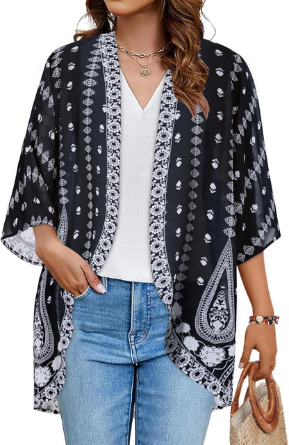 Floral Print Kimono Cardigan Women Puff Sleeve Cover Up Casual Blouse Loose Top Black White Print